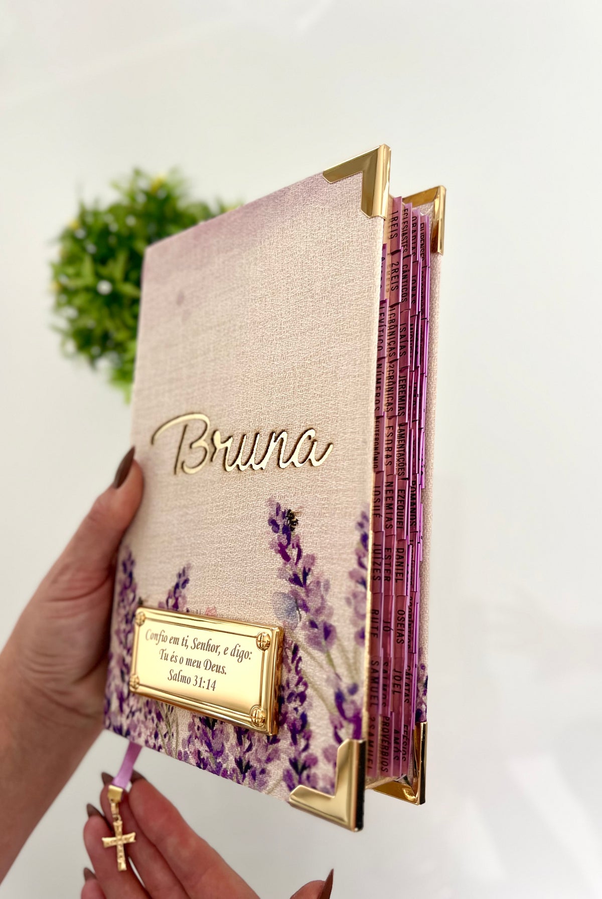 Combo Bíblia Linho Lavandas com Nome + Placa Grande + Cartela de índices