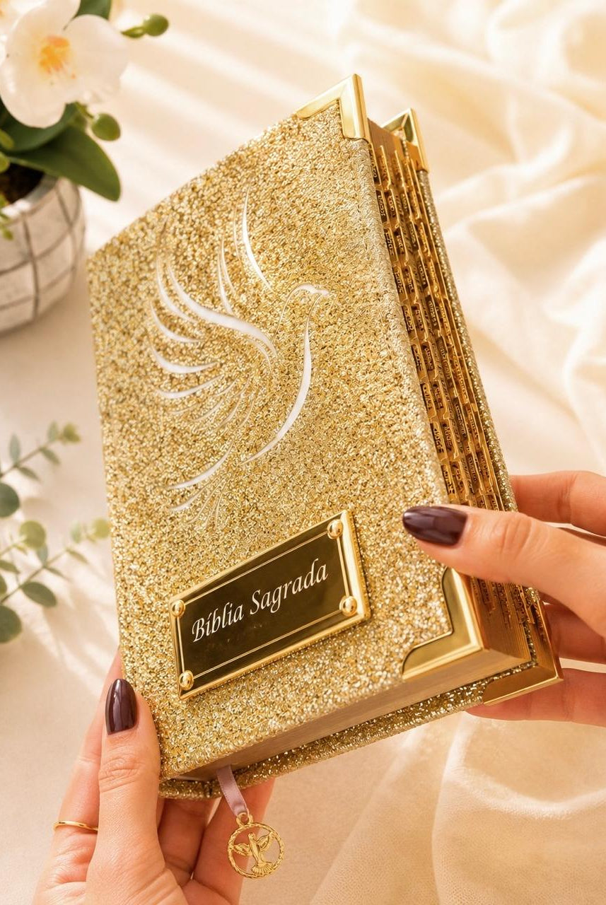 Combo Bíblia Glitter Dourado Pombinha do Espírito + Cartela de índices + Placa grande