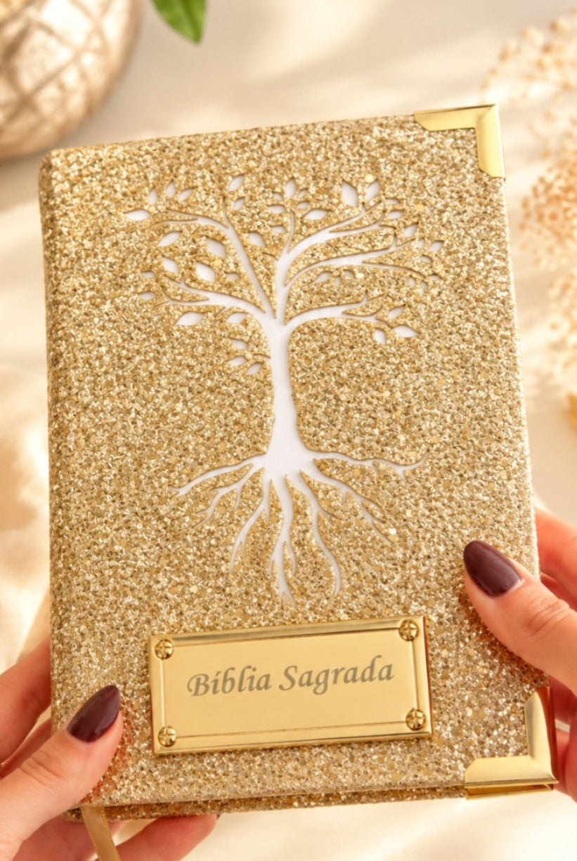 Combo Bíblia Glitter Dourado Árvore da Vida + Placa Grande + Cartela de Índices