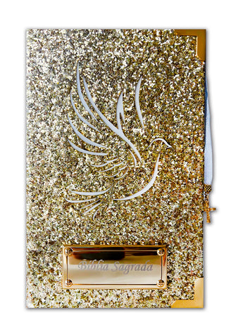 Kit Bíblia média Glitter Dourado Pombinha do Espírito + Cartela de índice + Placa grande