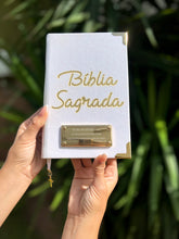Kit Bíblia média Glitter branco escrita bíblia sagrada + Cartela de índice + Placa Grande.